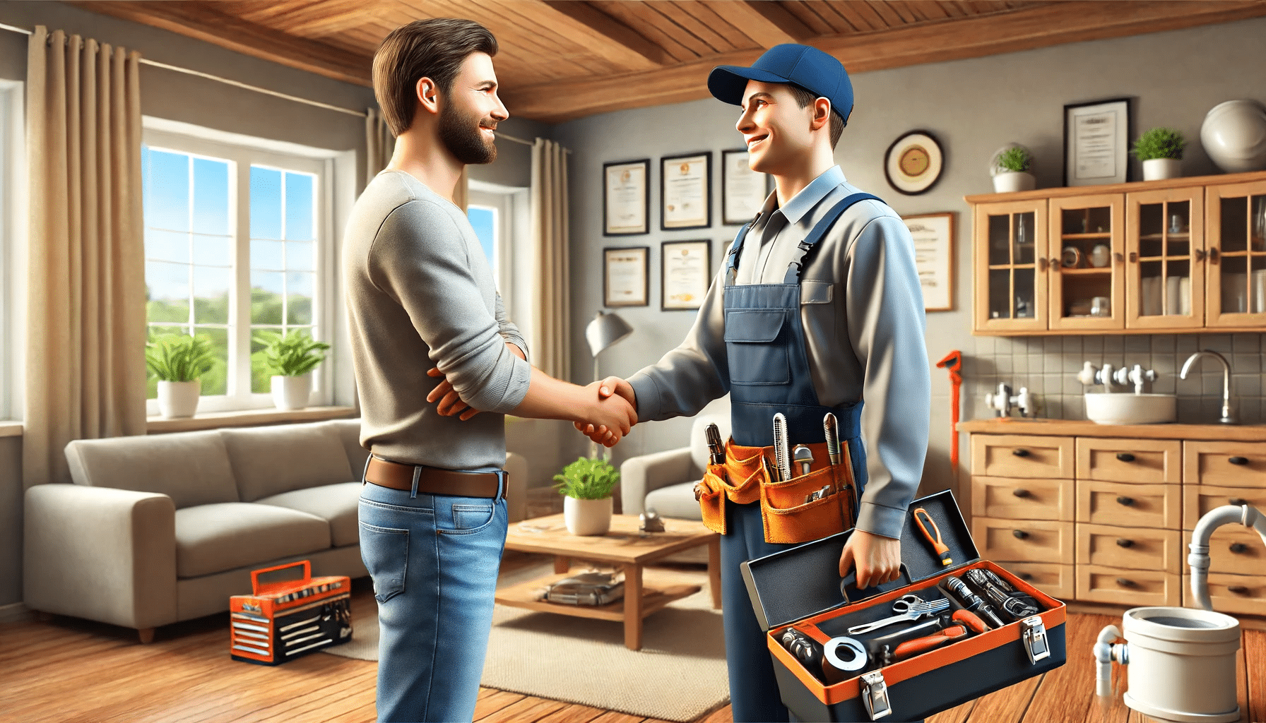 Propietario estrechando manos con un fontanero profesional en un hogar bien mantenido. | Fontanero GDL