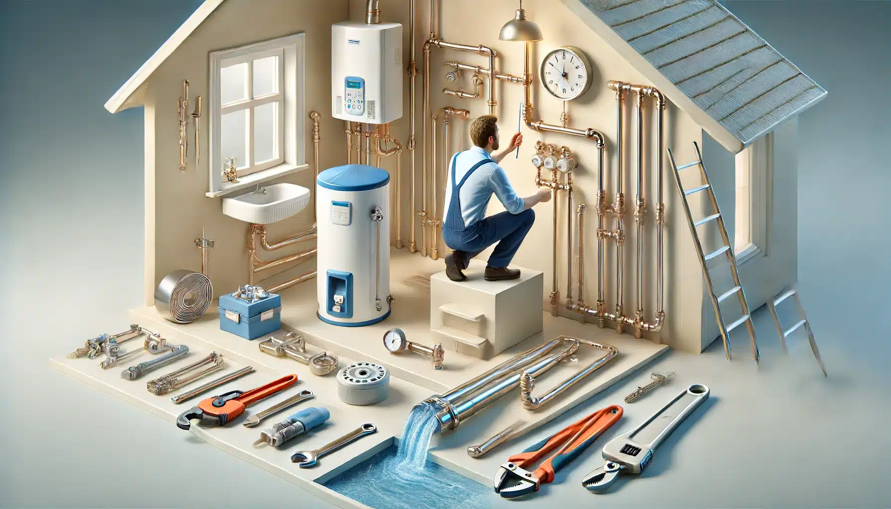 Inspección de tuberías en una casa con herramientas de plomería bien organizadas. Plomería residencial soluciones para el hogar | Fontanero GDL