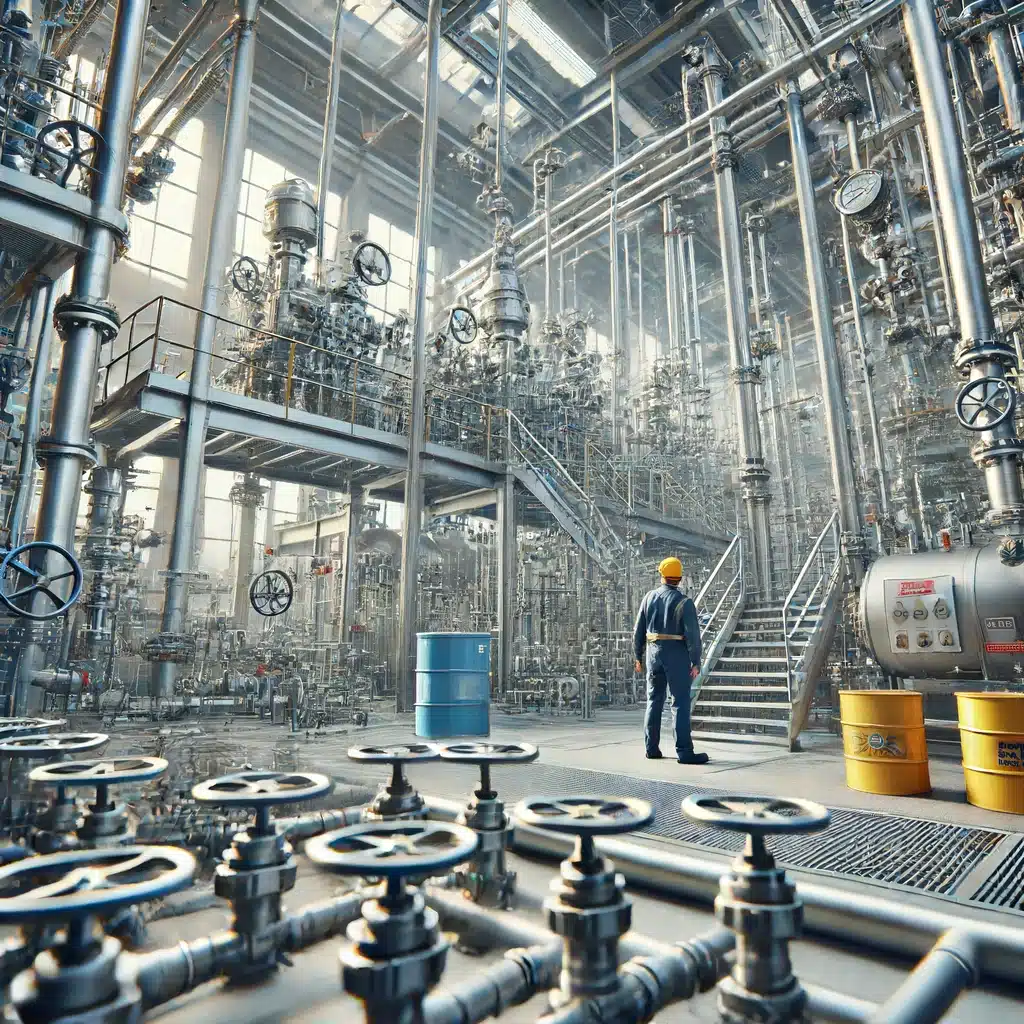 Sistema de plomería industrial en una fábrica moderna con trabajadores inspeccionando | Fontanero GDL