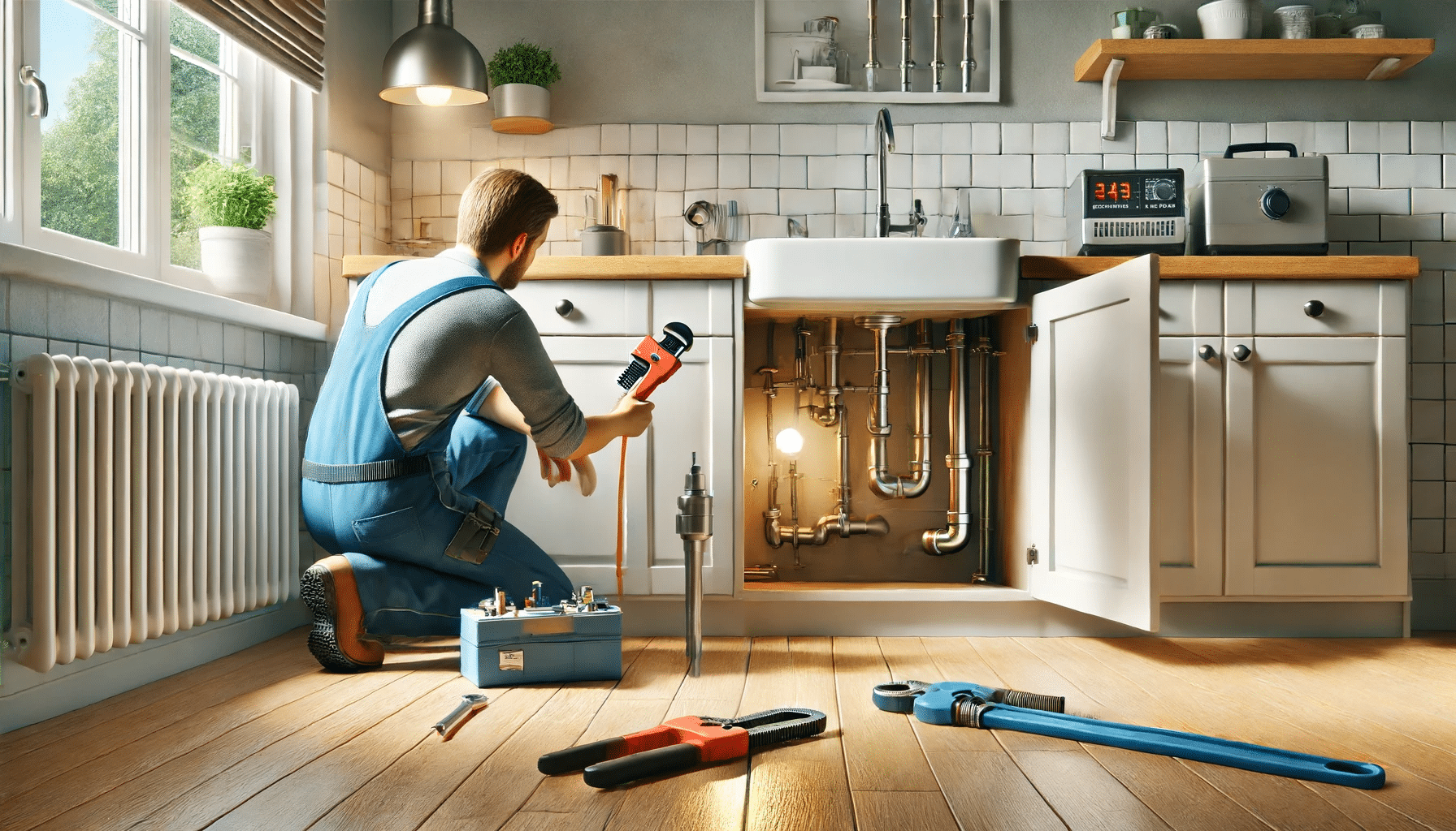 Fontanero inspeccionando y reparando tuberías bajo un fregadero. Oficina de plomeros y técnicos en Guadalajara | Fontanero GDL