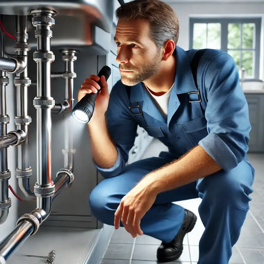 Fontanero revisando tuberías bajo el lavabo de la cocina | Fontanero GDL