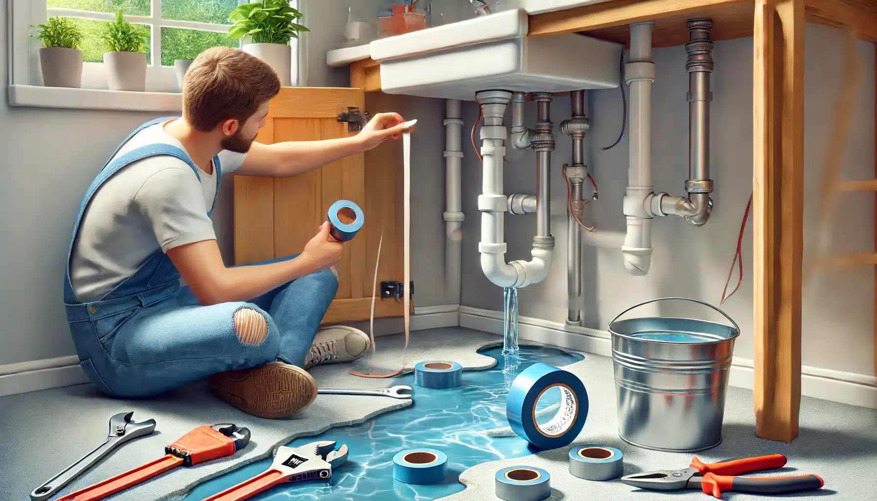 Persona reparando una fuga de agua con cinta de teflón bajo el fregadero. Plomero edificio instalación necesidades hogares presupuesto líneas variedad condiciones técnicos lugar instalaciones | Fontanero GDL