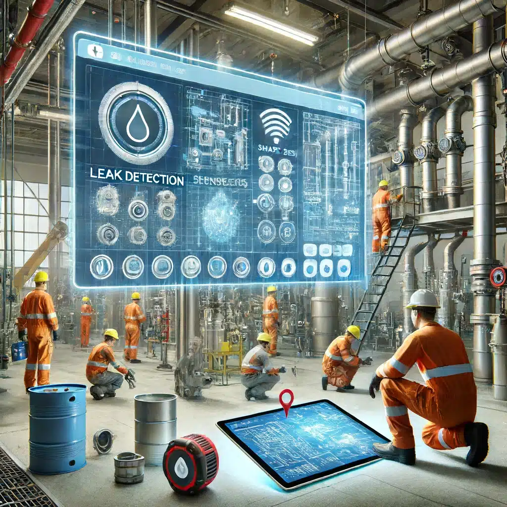 Técnicos usando sensores de fugas y software CAD en plomería industrial avanzada | Fontanero GDL
