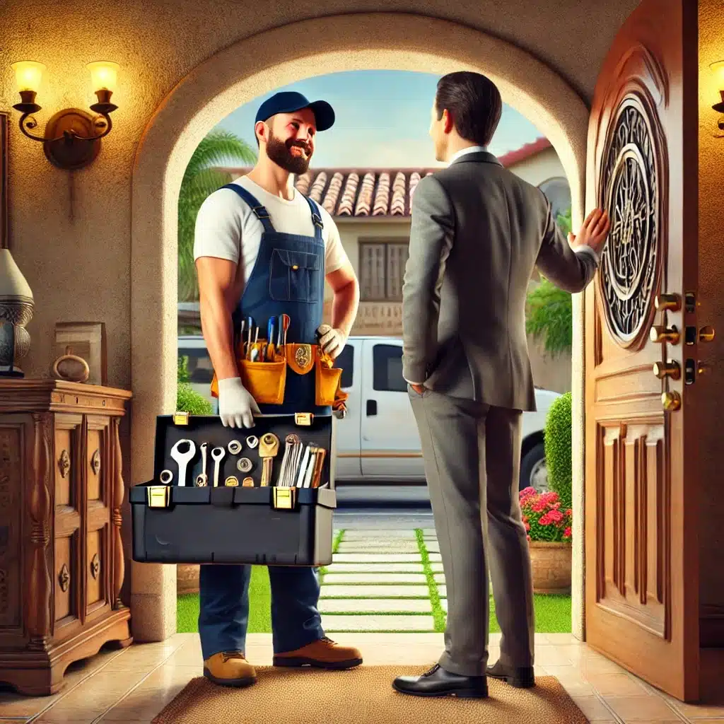 Plomero siendo recibido en la entrada de una casa ordenada. Fontanero profesional para mantenimiento de tuberías | Fontanero GDL