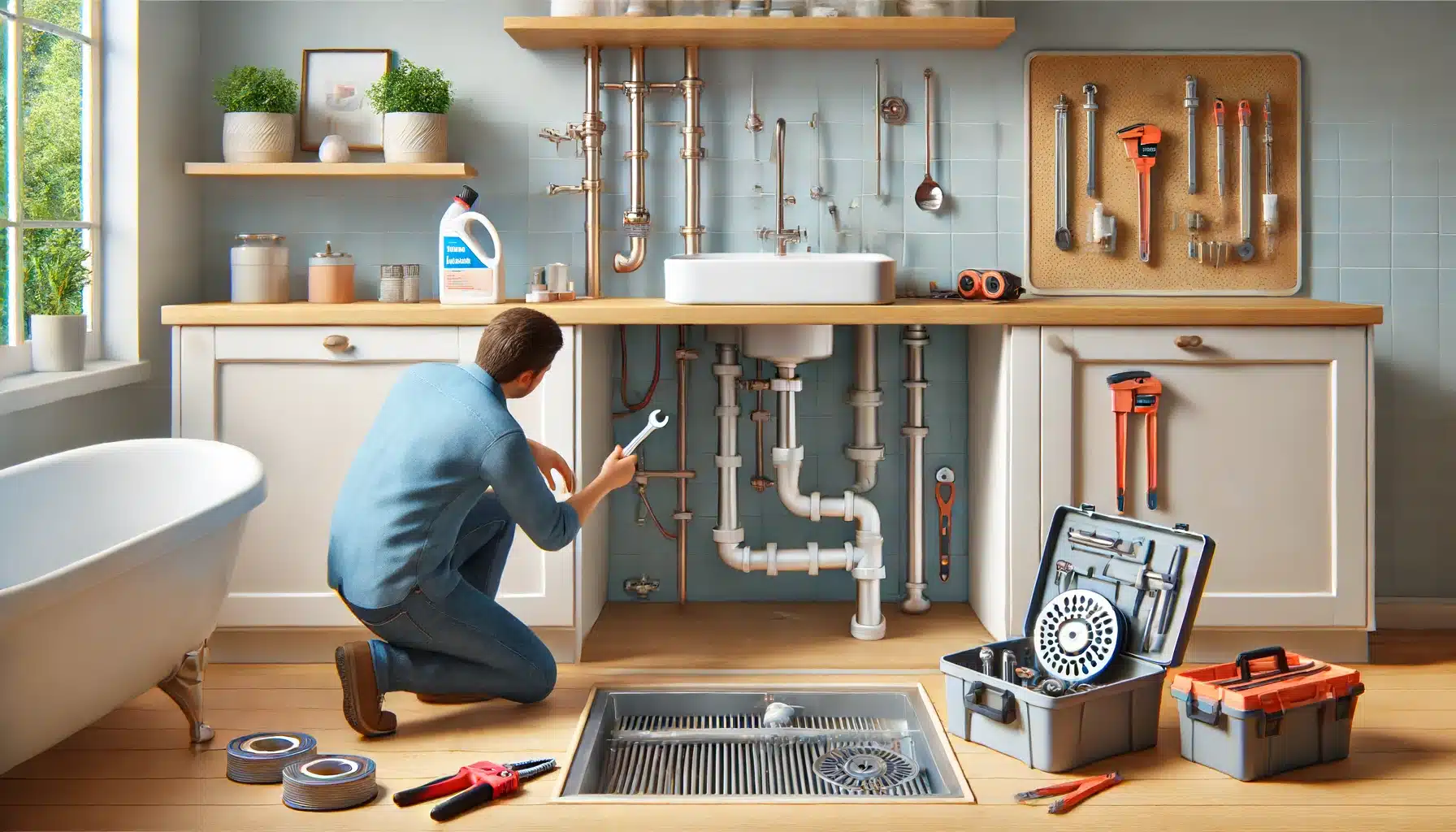 Persona revisando tuberías bajo el fregadero y limpiando un filtro de desagüe. Servicio sistemas servicios plomeros electricidad empresa calidad precio material plomero cliente construcción experiencia edificio instalación | Fontanero GDL