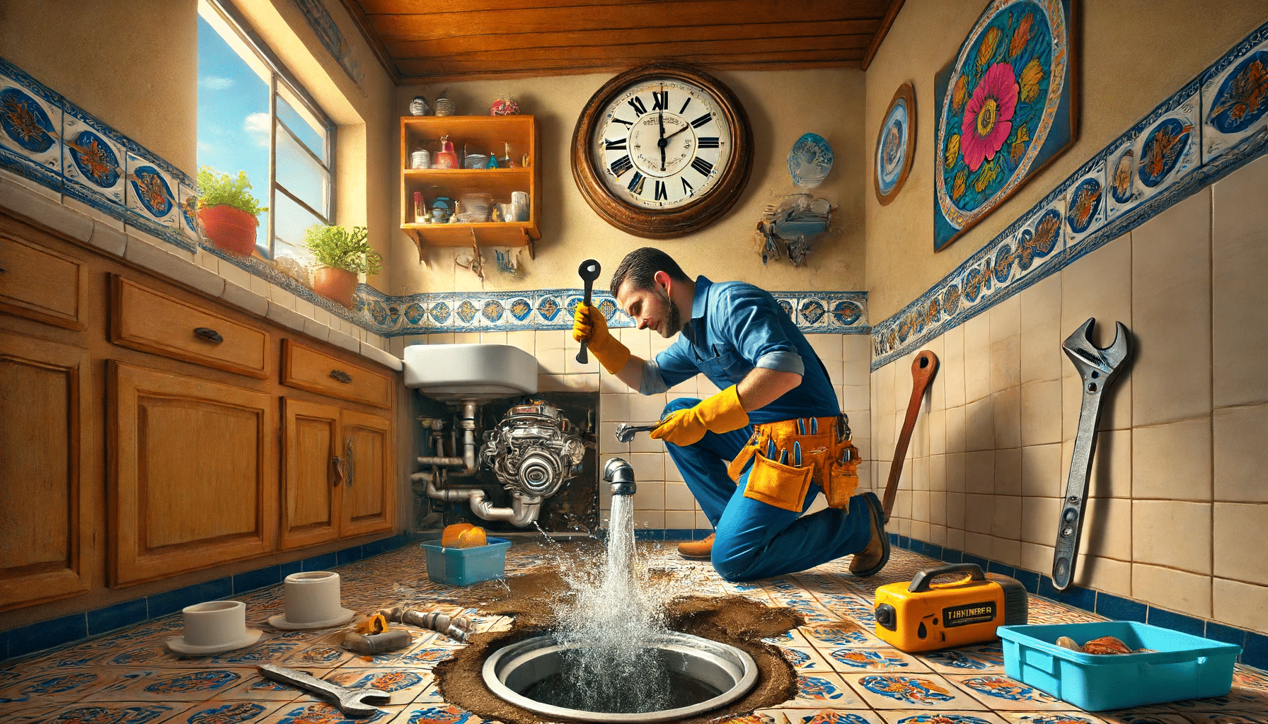 Fontanero profesional reparando una fuga de agua en cocina moderna en Guadalajara. Solución de forma de reparación con instalación y limpieza. | Fontanero GDL