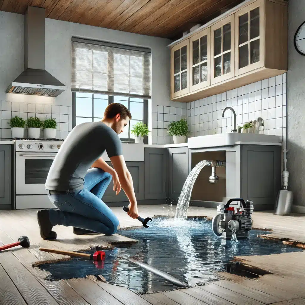 Plomero reparando fuga de agua en cocina con daño visible | Fontanero GDL