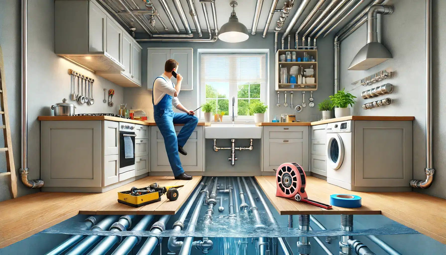 Plomero reparando el grifo en una cocina moderna con herramientas de plomería | Fontanero GDL