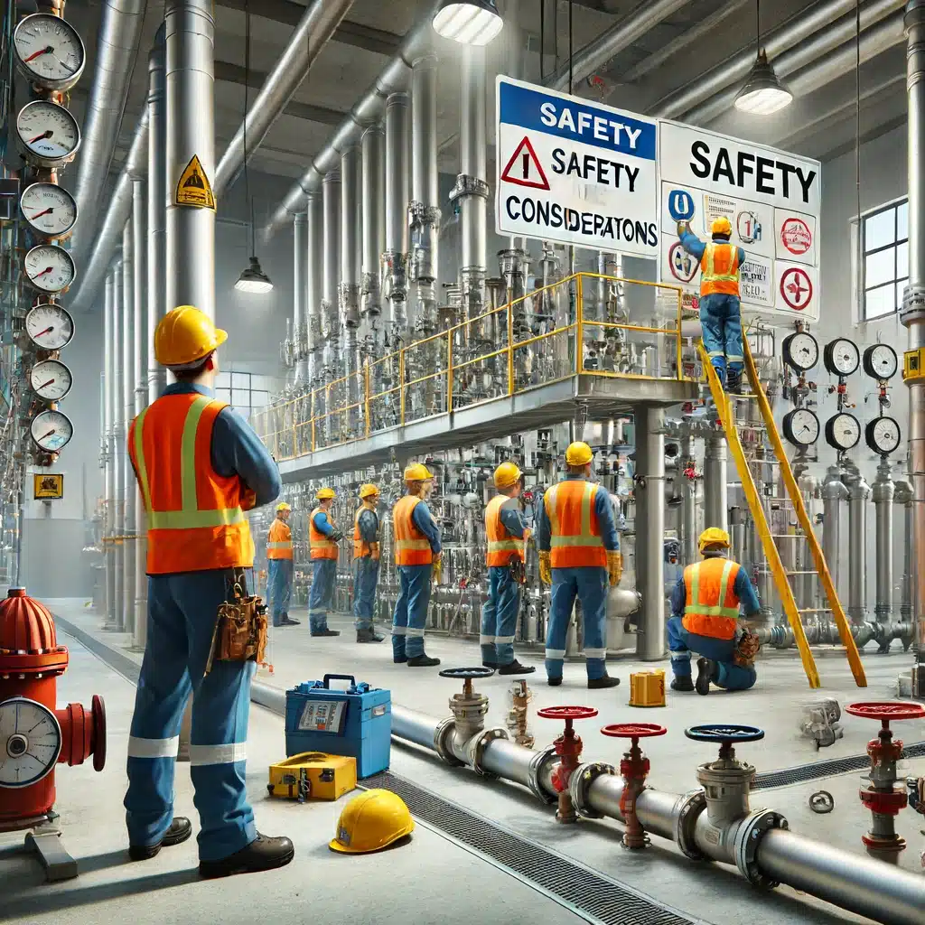 Trabajadores en equipo de seguridad inspeccionando sistemas de plomería industrial | Fontanero GDL