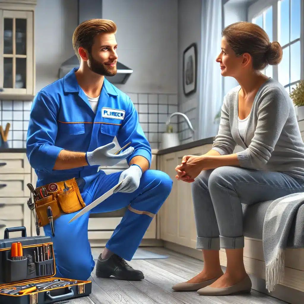 Fontanero explicando trabajo a cliente en casa | Fontanero GDL