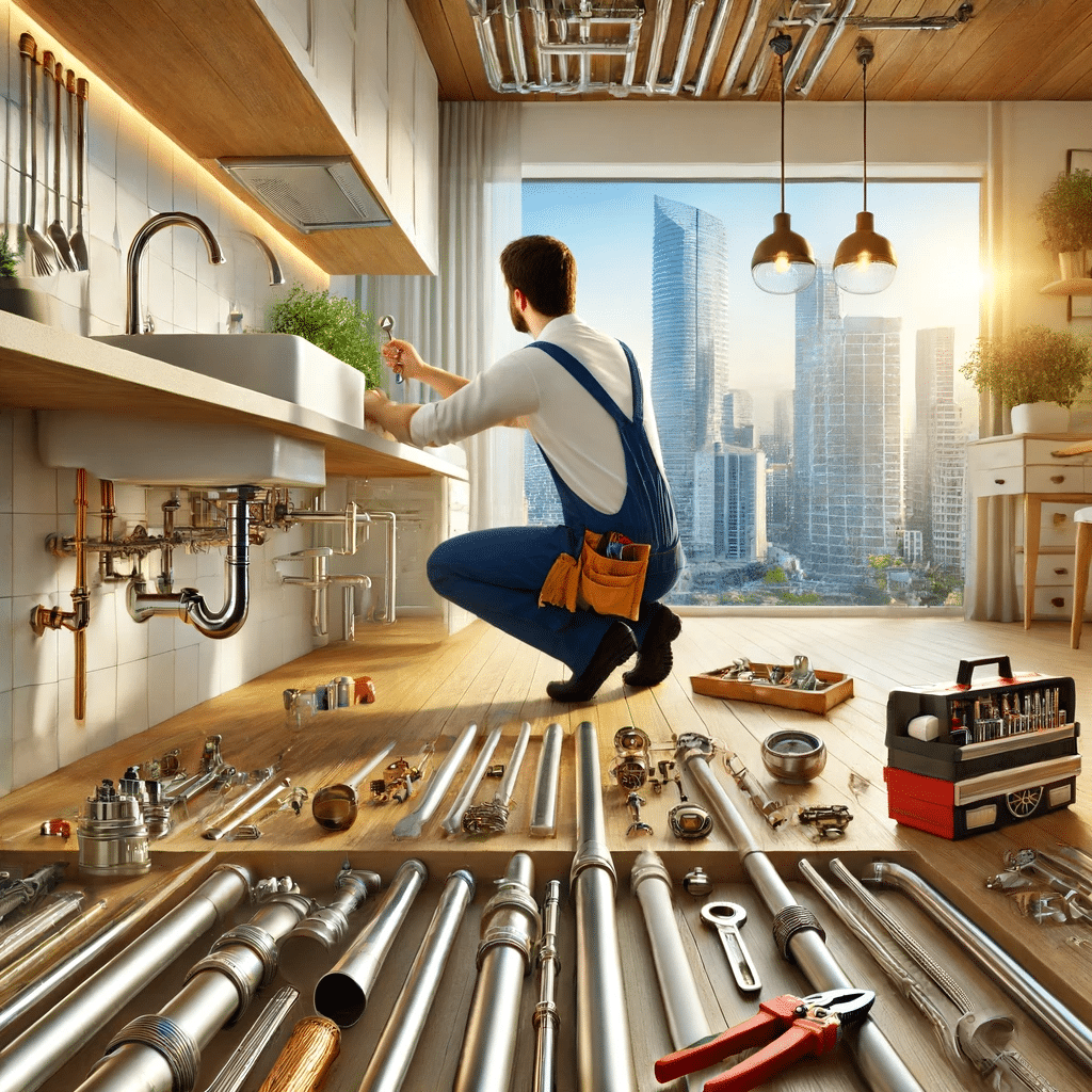 Plomero inspeccionando tuberías bien mantenidas en una casa moderna en Guadalajara. Instalación en Zapopan, Guadalajara. Clientes con buen presupuesto. | Fontanero GDL.