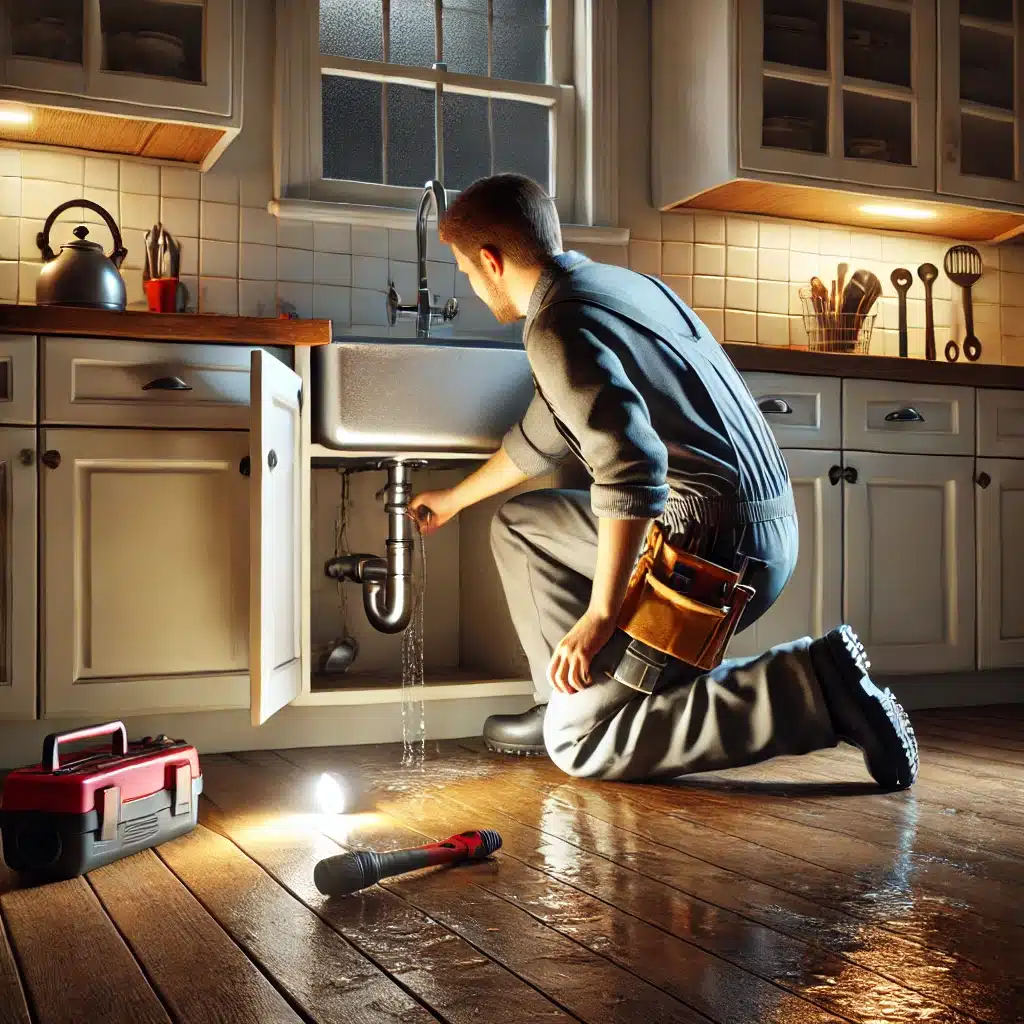 Fontanero reparando tubería con fuga bajo el fregadero | Fontanero GDL
