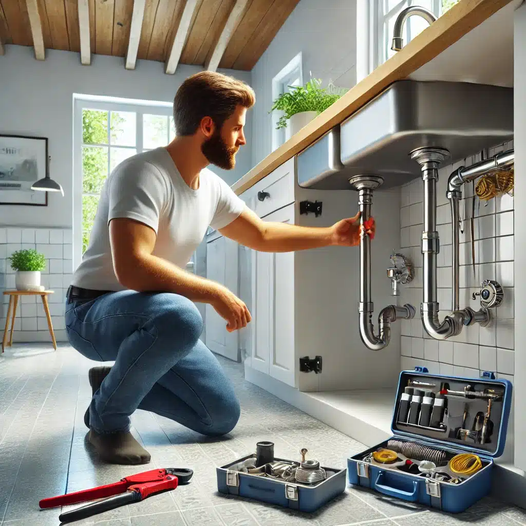 Plomero revisando tuberías en cuarto de servicio limpio. Limpieza de construcción | Fontanero GDL