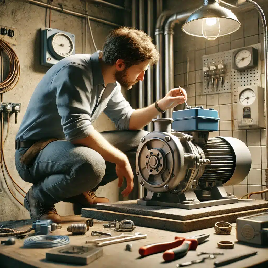 Persona inspeccionando una bomba de agua en un cuarto de servicio | Fontanero GDL