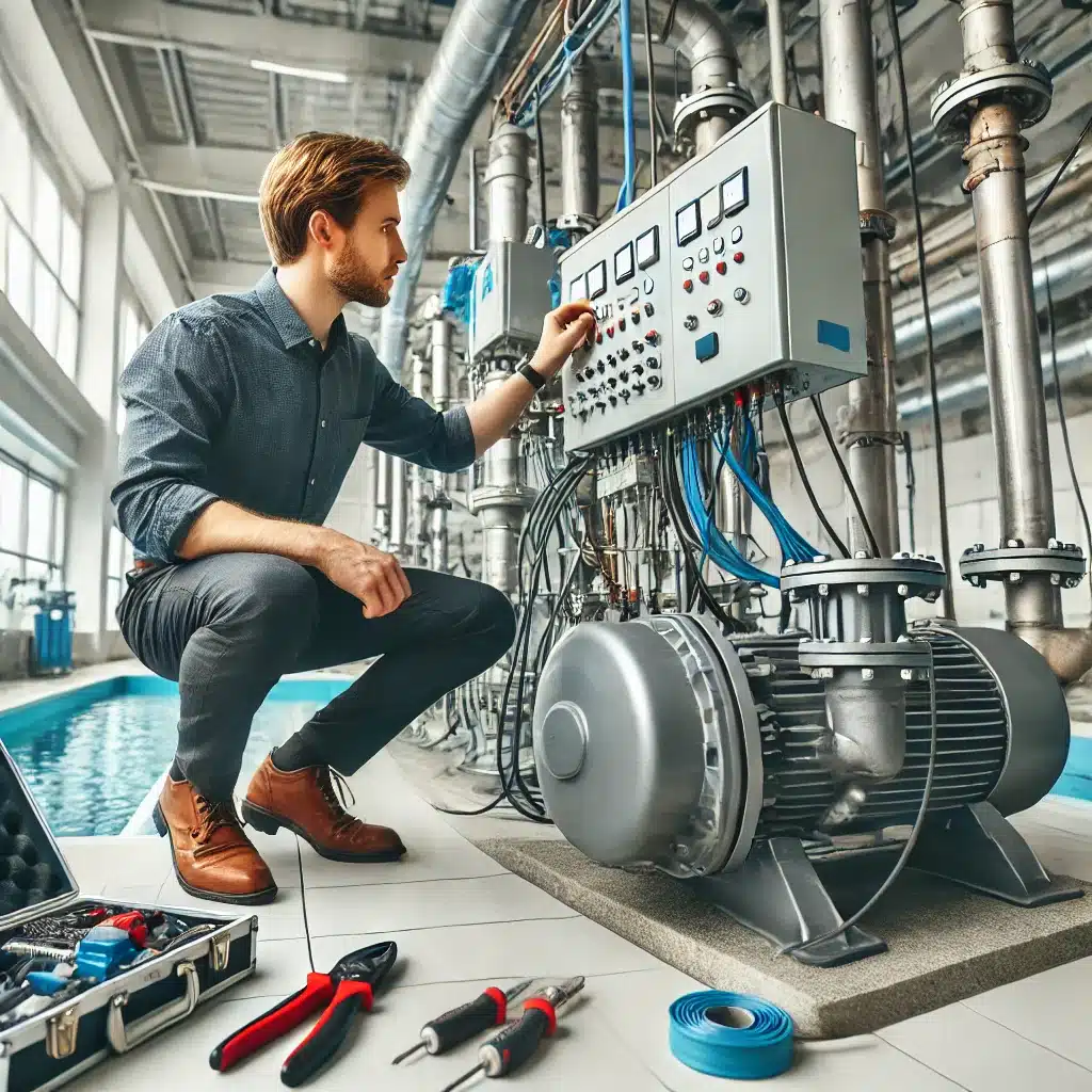 Fontanero inspeccionando sistema de bombeo en negocio | Fontanero GDL