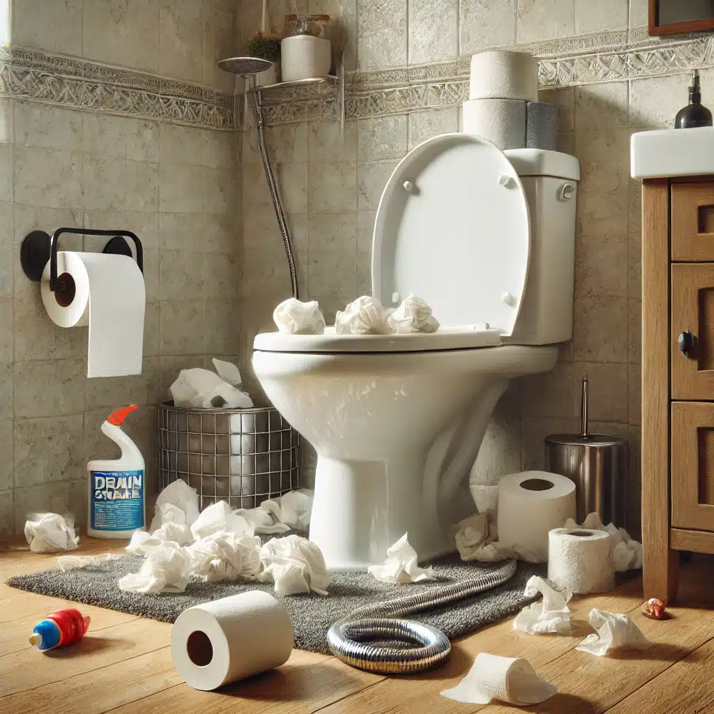 Inodoro atascado con papel, juguete y herramientas en baño moderno. | Fontanero GDL