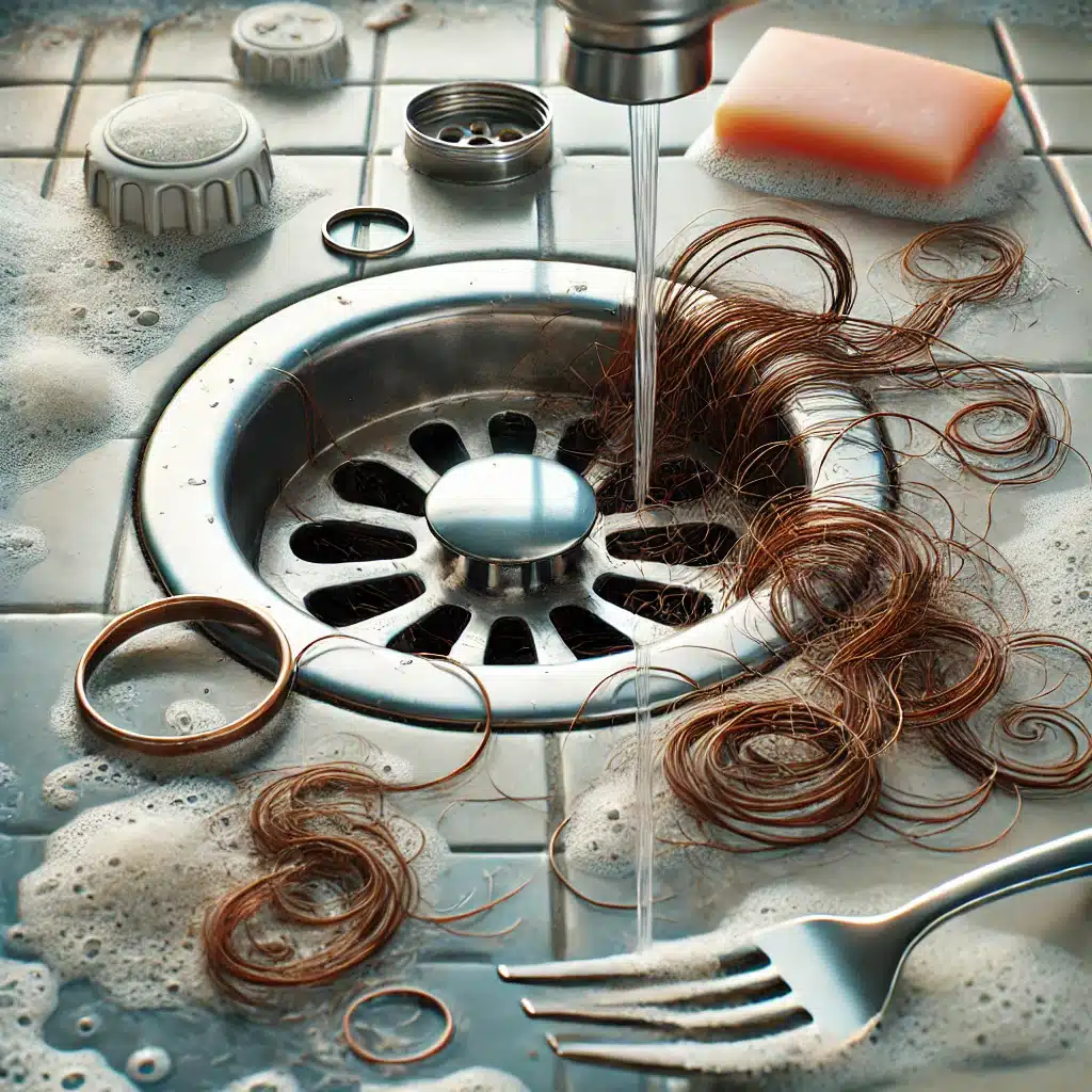 Desagüe de baño obstruido con cabello, residuos de jabón y objetos pequeños. | Fontanero GDL