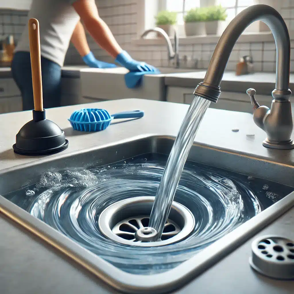Fregadero con agua fluyendo y persona limpiando encimera en cocina organizada. | Fontanero en Guadalajara