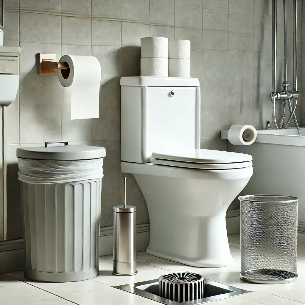 Baño moderno con bote de basura, papel higiénico moderado y filtro de desagüe. | Fontanero GDL