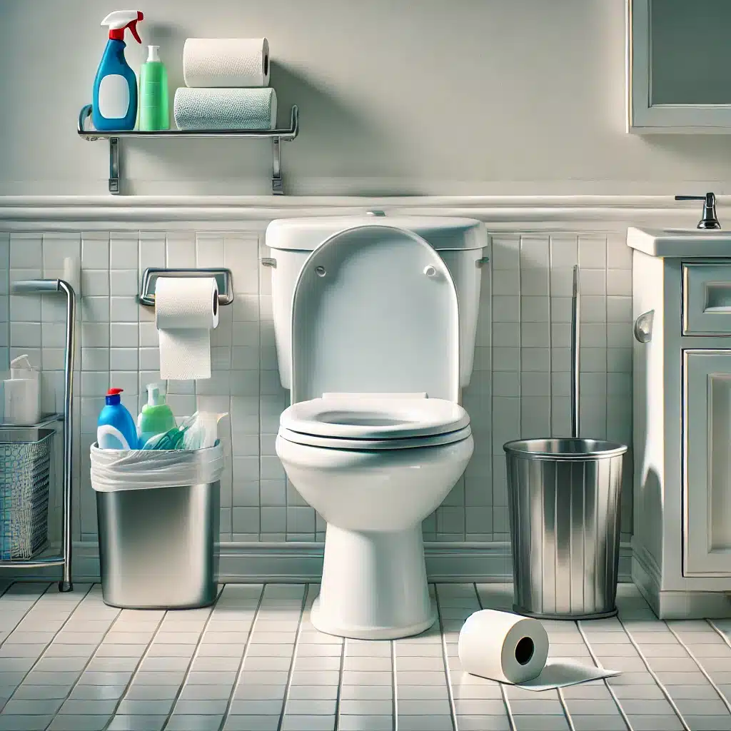 Baño limpio y funcional con papel higiénico, bote de basura y artículos de limpieza. | Fontanero GDL