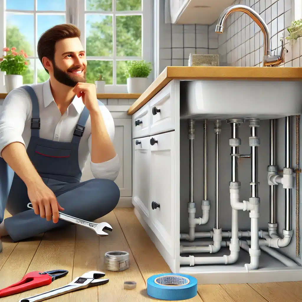 Fontanero inspeccionando tuberías bajo un fregadero con agua fluyendo sin problemas. | Fontanero GDL