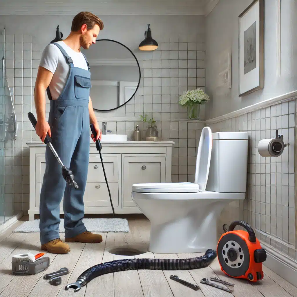 Plomero revisando inodoro atascado con herramientas especializadas en baño. | Fontanero GDL