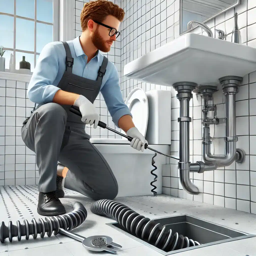 Fontanero usando herramientas profesionales para desatascar un desagüe en el baño. | Fontanero GDL