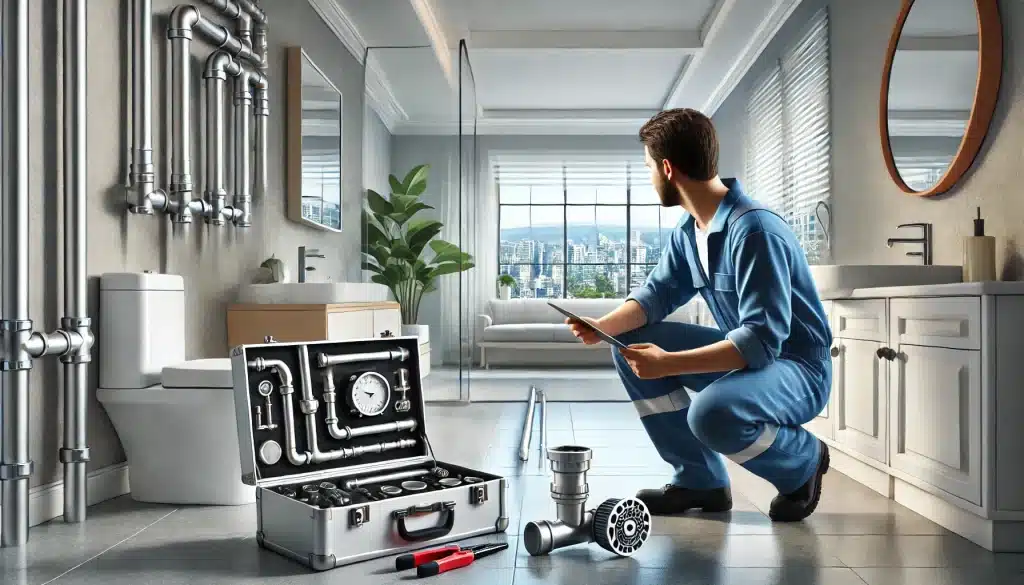 Fontanero inspeccionando conexiones en baño moderno con herramientas avanzadas | Fontanero GDL