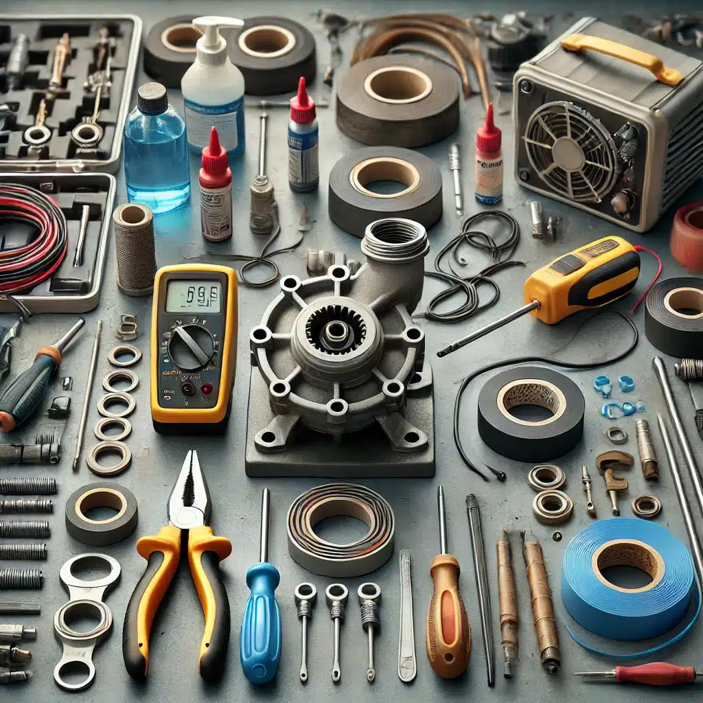 Herramientas esenciales para reparación de bombas de agua organizadas en un banco de trabajo. | Fontanero GDL