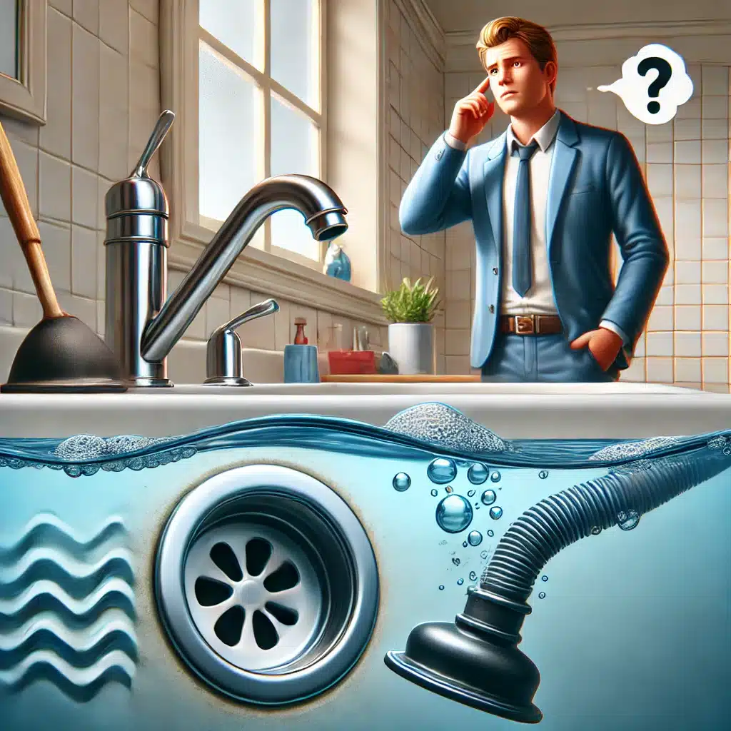 Fregadero de baño con agua acumulada y burbujeos, señal de obstrucción | Fontanero GDL
