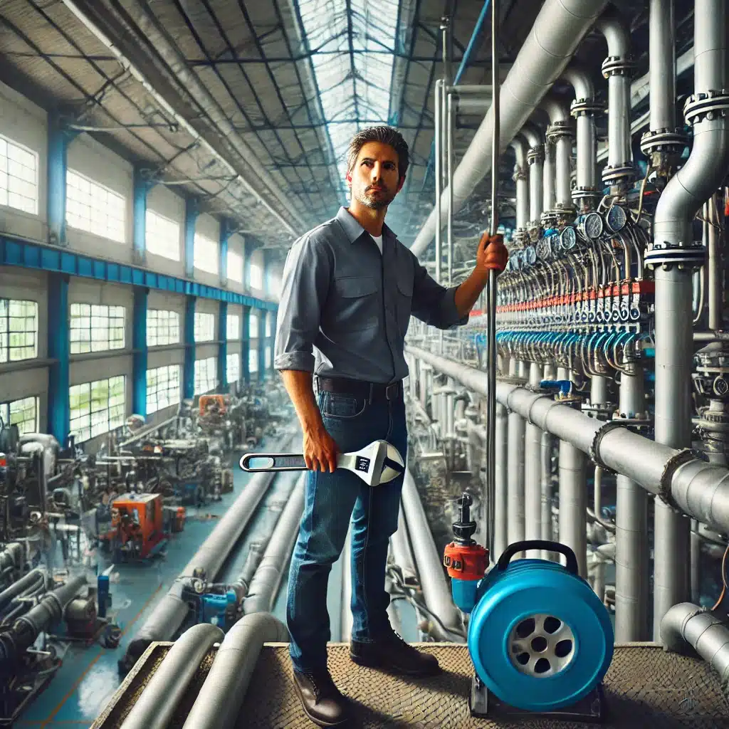 Plomero trabajando en sistema industrial de tuberías | Fontanero GDL