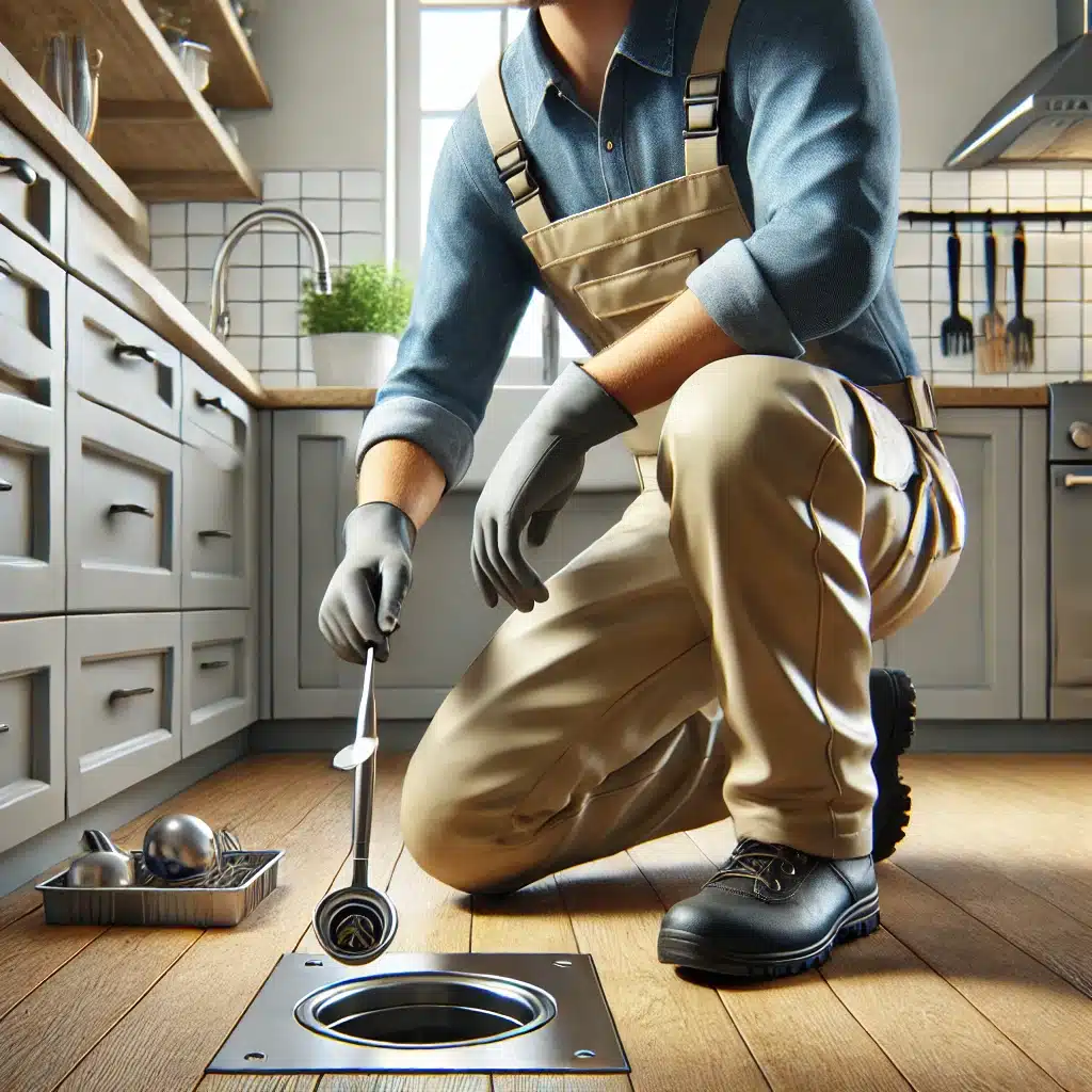 Plomero limpiando un drenaje en una cocina moderna | Fontanero GDL