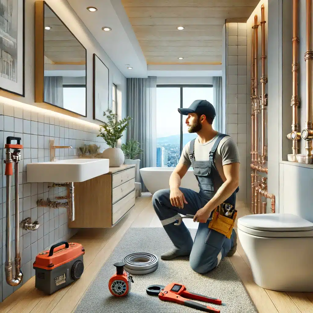 Plomero experto inspeccionando y reparando tuberías en el baño de una casa moderna. Proyectos de fontaneria gracias a empresa. | Fontanero GDL