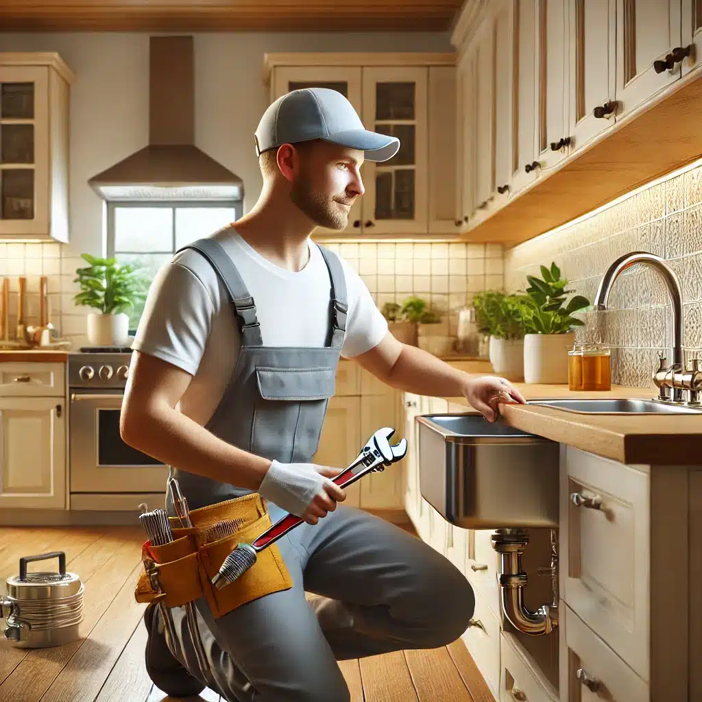 Plomero reparando un fregadero en cocina moderna | Fontanero GDL