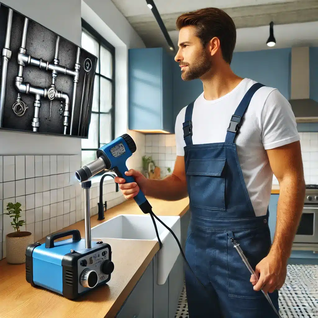 Plomero utilizando tecnología avanzada para detectar fuga. Navegador de construcción y ubicación | Fontanero GDL